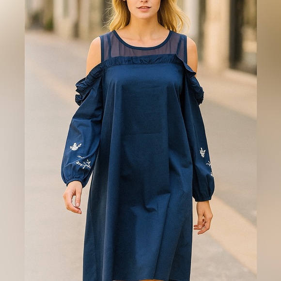 CeCe Cold Shoulder Floral Embroidered Shift Dress Blue Size 14 NWOT - Picture 1 of 5